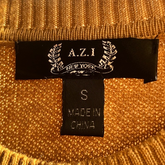 🆕 AZI New York Mustard Gold Chain-Neck Puff Sleeve 100% Cotton Sweater Size S - Picture 13 of 16